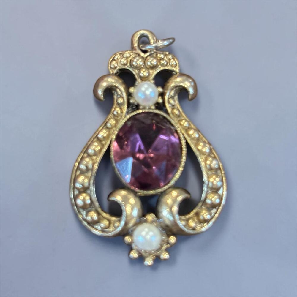 Vintage Avon Purple Rhinestone Faux Pearl Victorian Revival Pendant Charm
